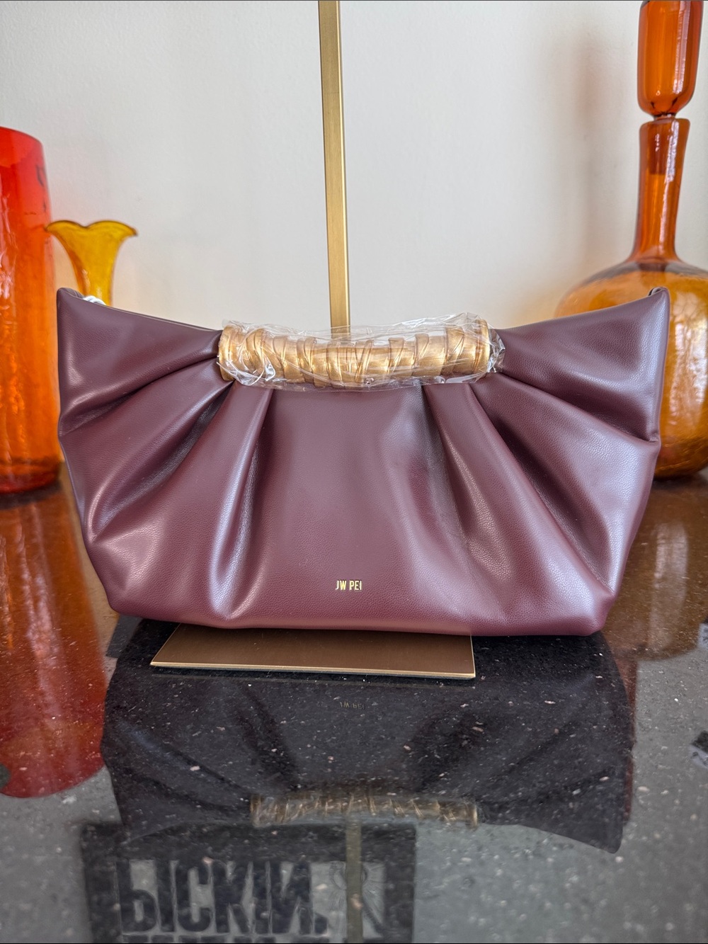 JW PEI Merlot Pleated Clutch with Wrapped Gold Handle